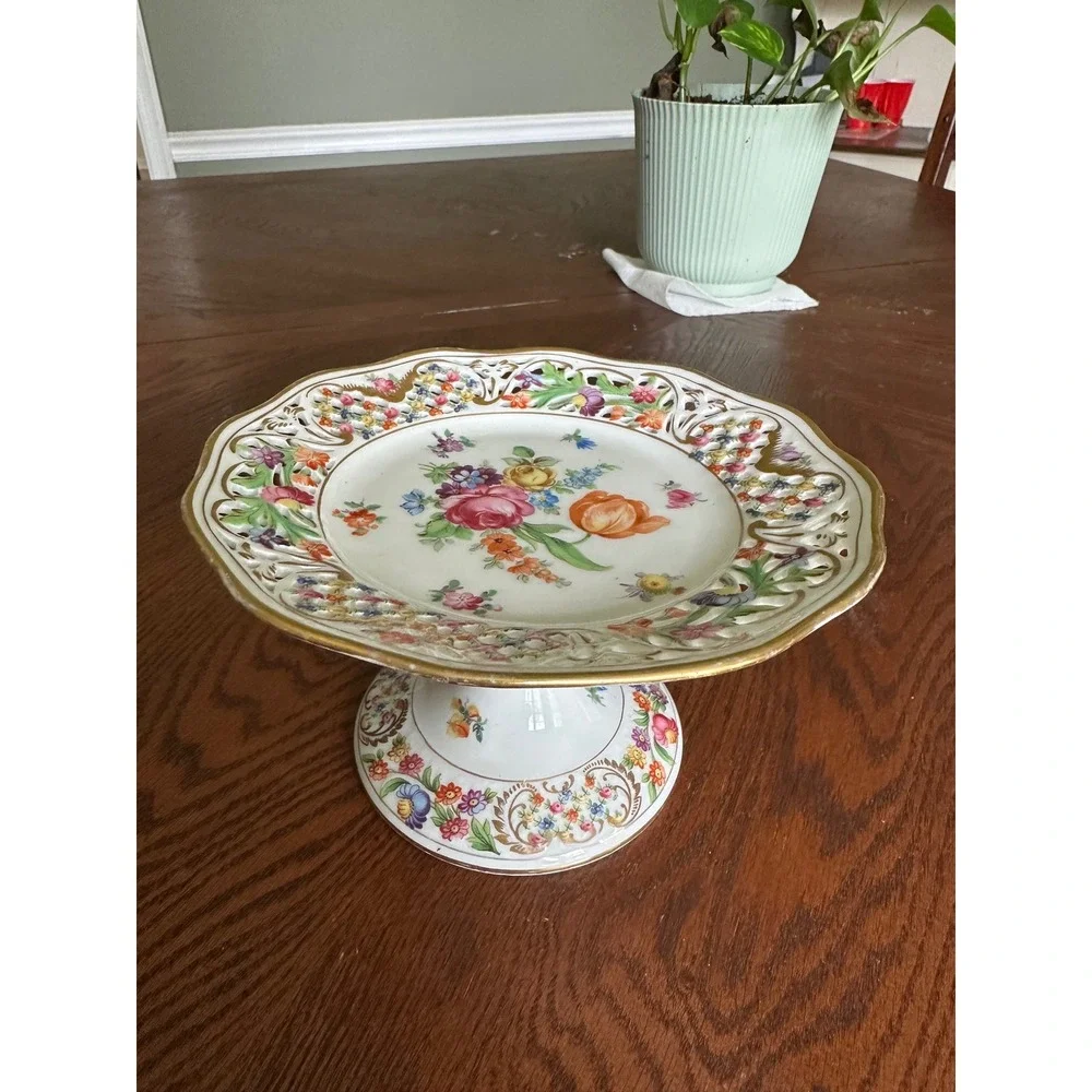 Schumann Dresden Bavaria Reticulated Floral Porcelain Pedestal Cake Stand Plate